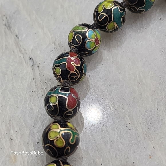Vintage Black Cloisonné Bead Necklace with Floral Motif & Filigree Clasp - Picture 2 of 7